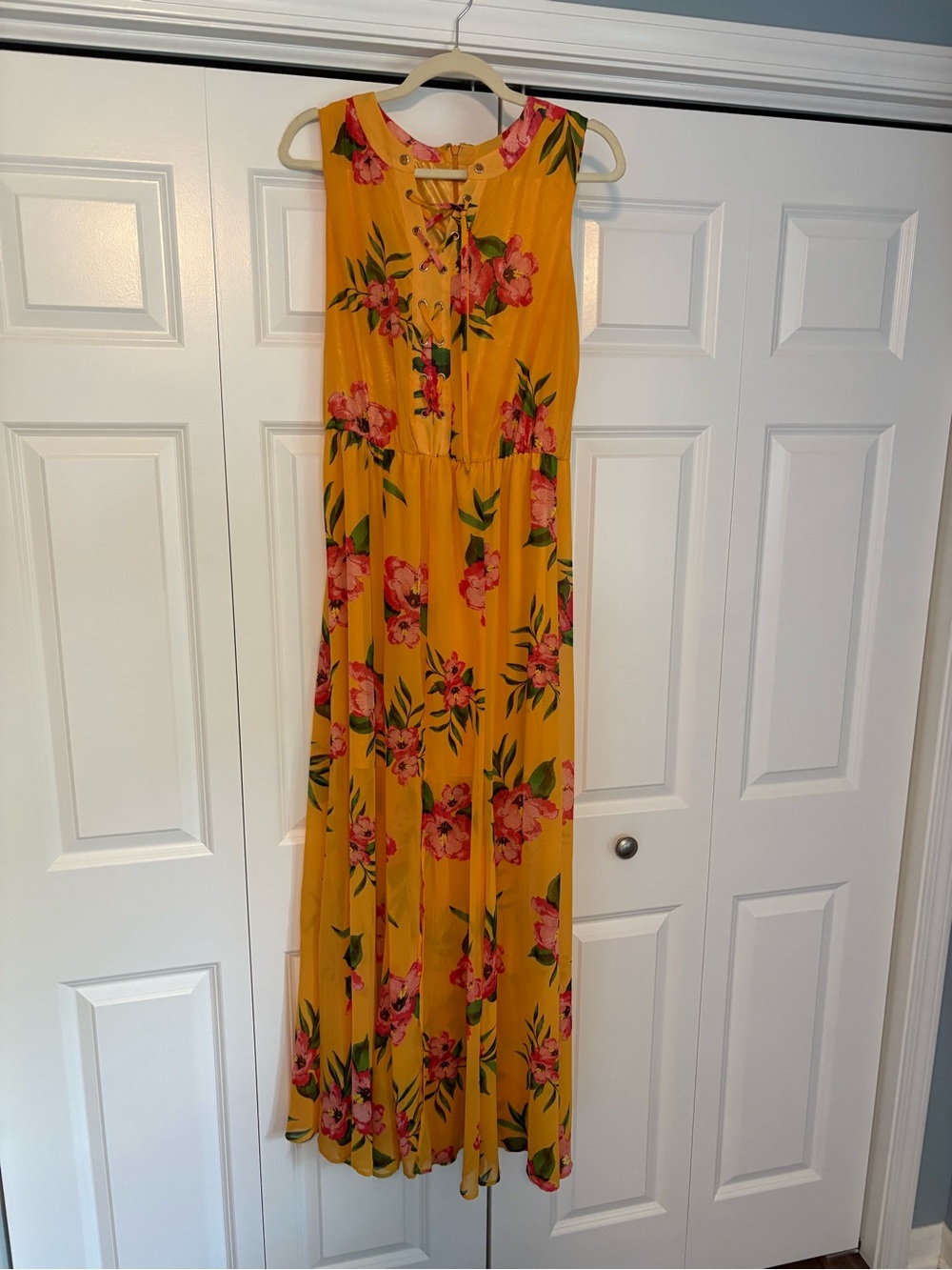 New York & Company Yellow Floral Maxi Dress with Pink Flowers